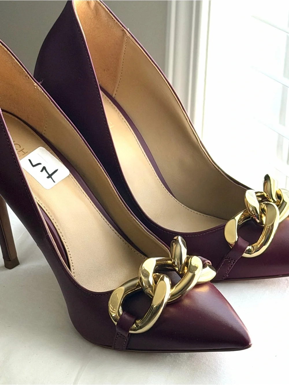 Michael Kors Burgundy Pointed Toe Pumps with Gold Chain Accent
